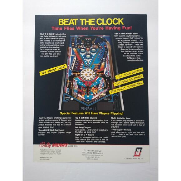 Beat The Clock Pinball Flyer Original 1985 Vintage Flipper Game Artwork Sheet - Picture 3 of 3